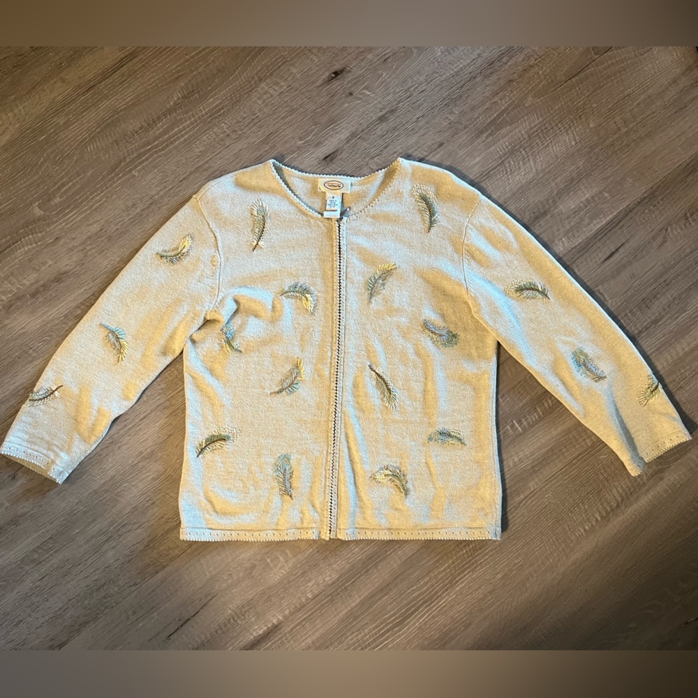 Talbots Sweater Womens Small Cardigan Beige Feather Embroidered Linen Blend